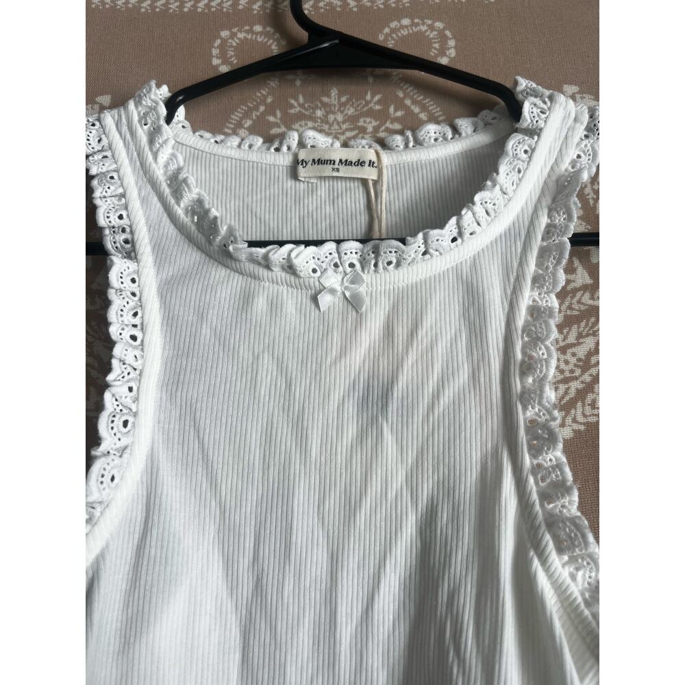 NWT My Mum Made It Ribbed Lace Trim Tank Top in White - Picture 2 of 5